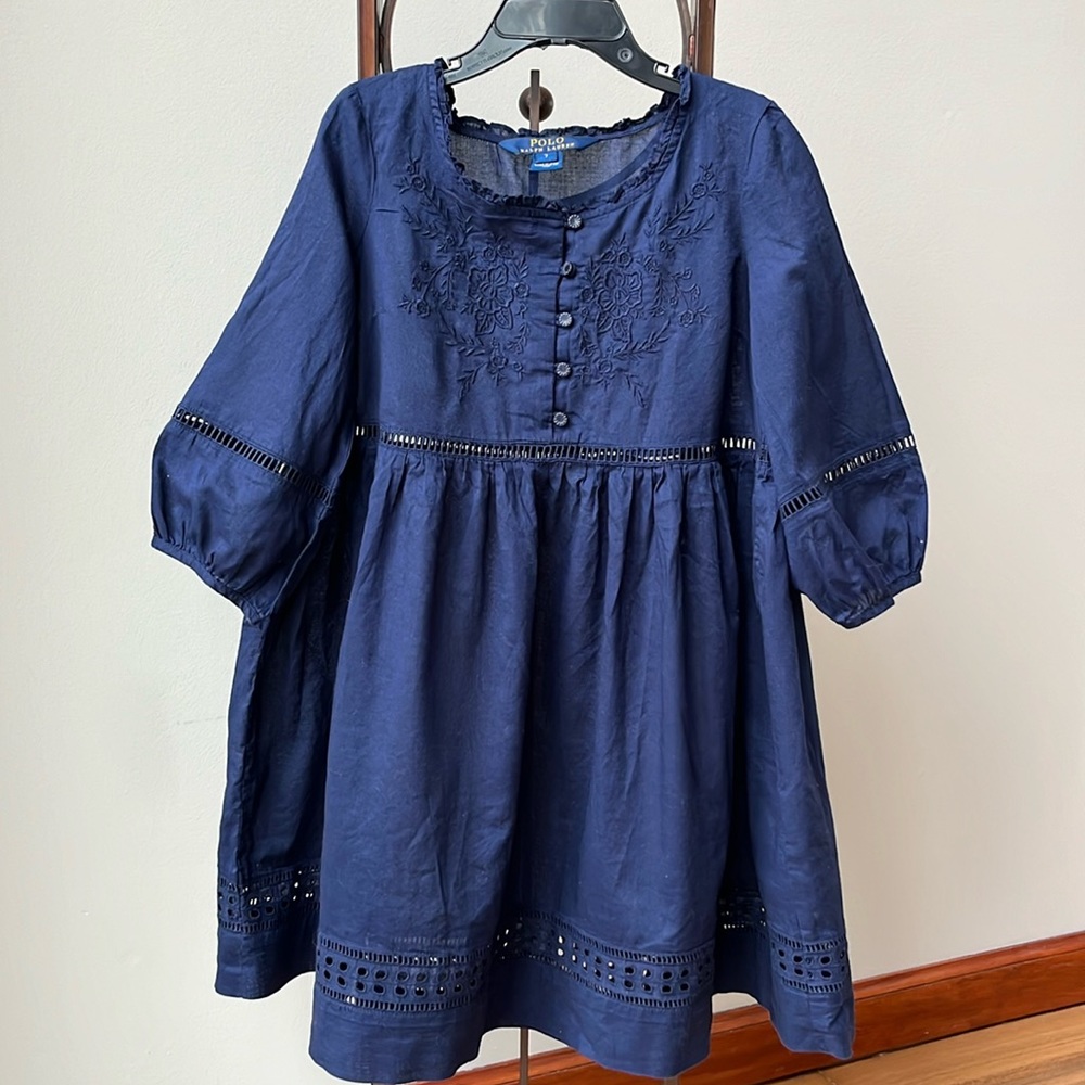 Polo RL Cotton Dress Navy Embroidered Eyelet‎ Trim Lightweight Cotton Sleeves